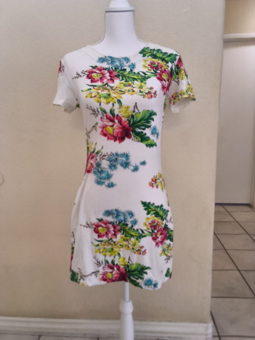 French Connection White Floral Mini Dress with Pink & Green Motif